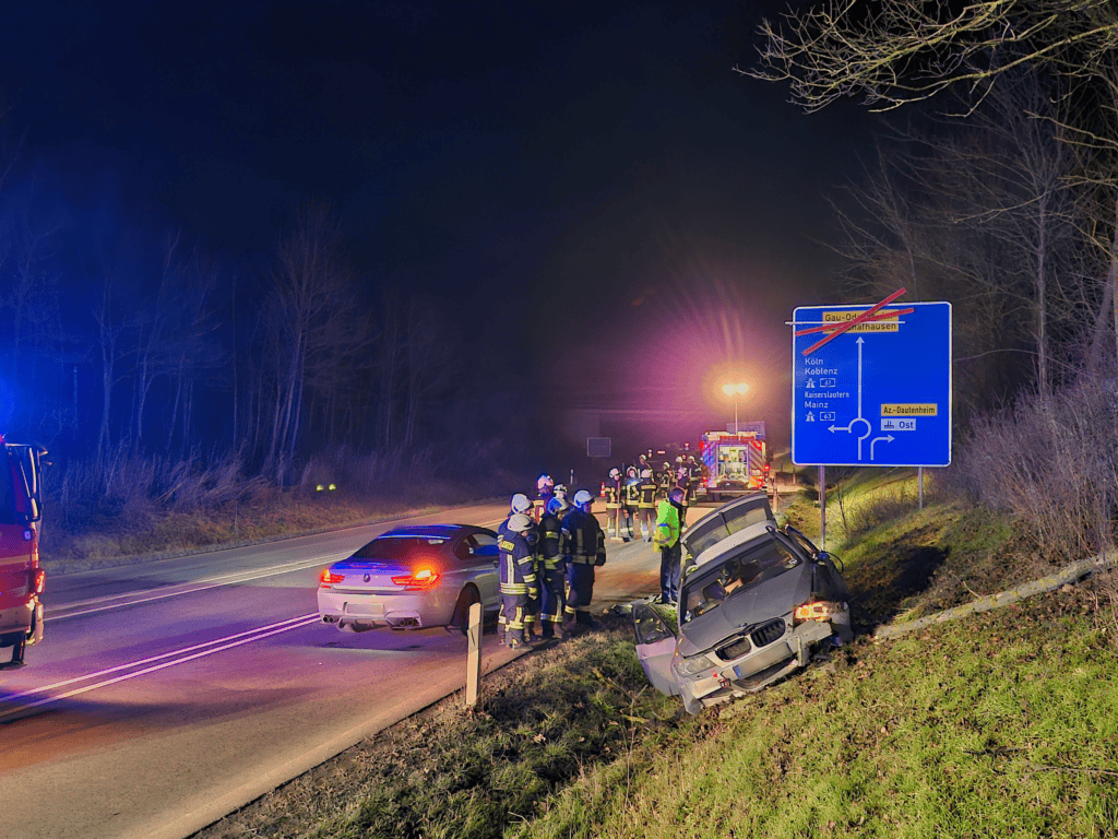 euerwehrkräfte stehen bei einem verunglückten Pkw im Straßengraben, während die Straße abgesichert ist.